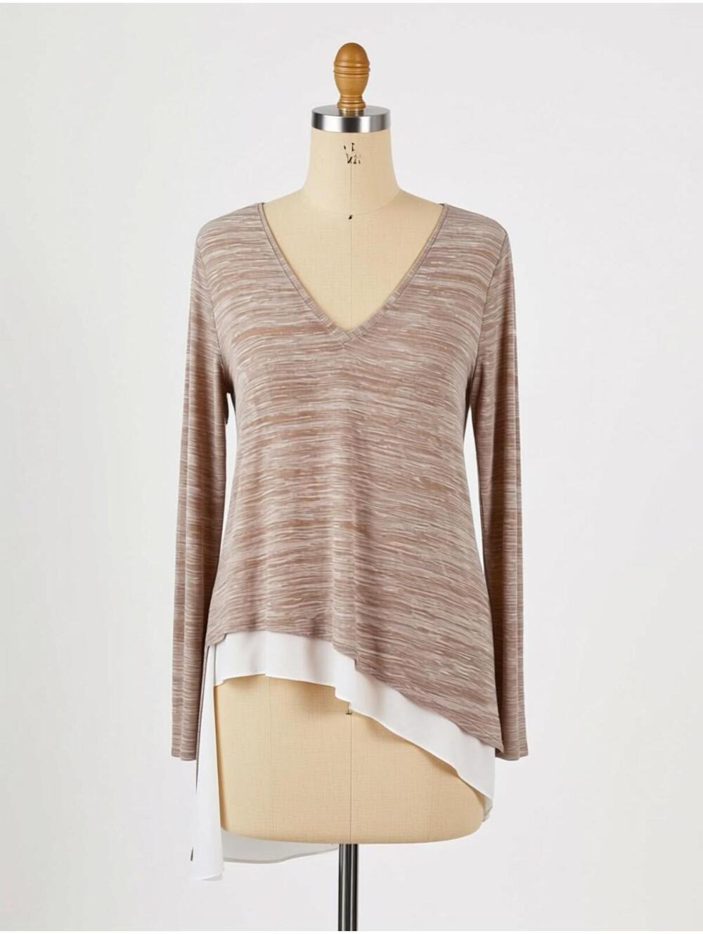 White House Black Market Brown and Cream Layered V-Neck Med